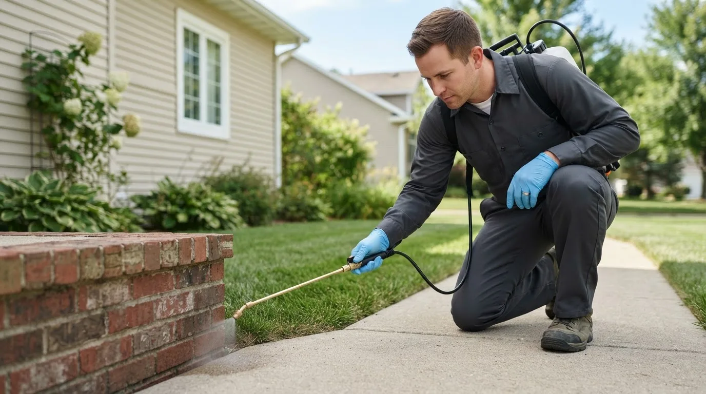 Pest control technician treating a home near Dodge, ND